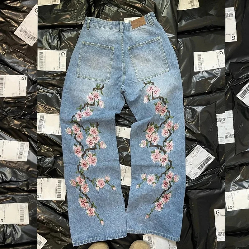 Y2K mens Harajuku cherry blossom print pattern jeans hiphop retro gothic casual wide leg pants 241010