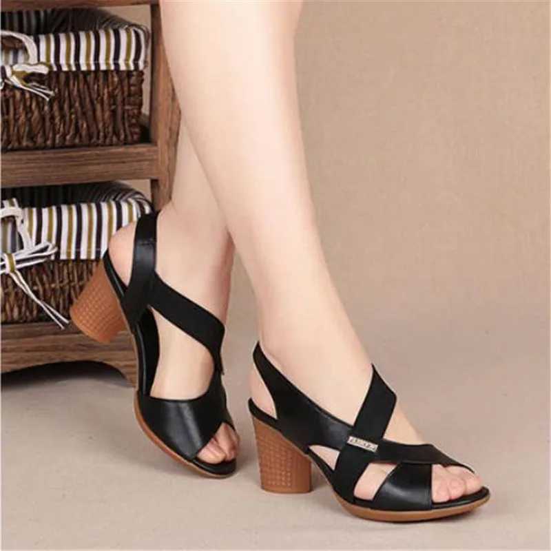 2024 New Womens Sandals Summer Comfortable High Heels Thick High Heels Leather Toe Non slip Soft Bottom Mother Shoes Slide Up Y241014