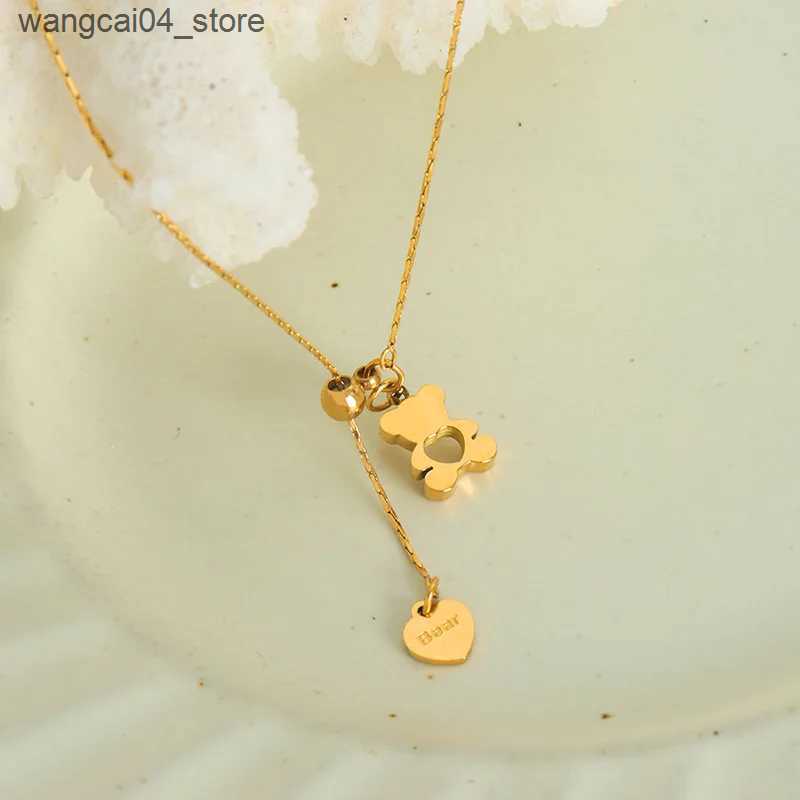 Pendant Necklaces New Bear Pendant Heart Necklace For Women Stainless Steel Gold Plated Chain Fashion Neck Jewelry Accessories Party Gift Sale L240910 - view 3