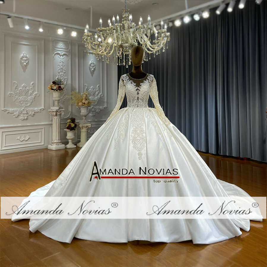 Long Sleeves Satin Wedding Dress Ball Gown