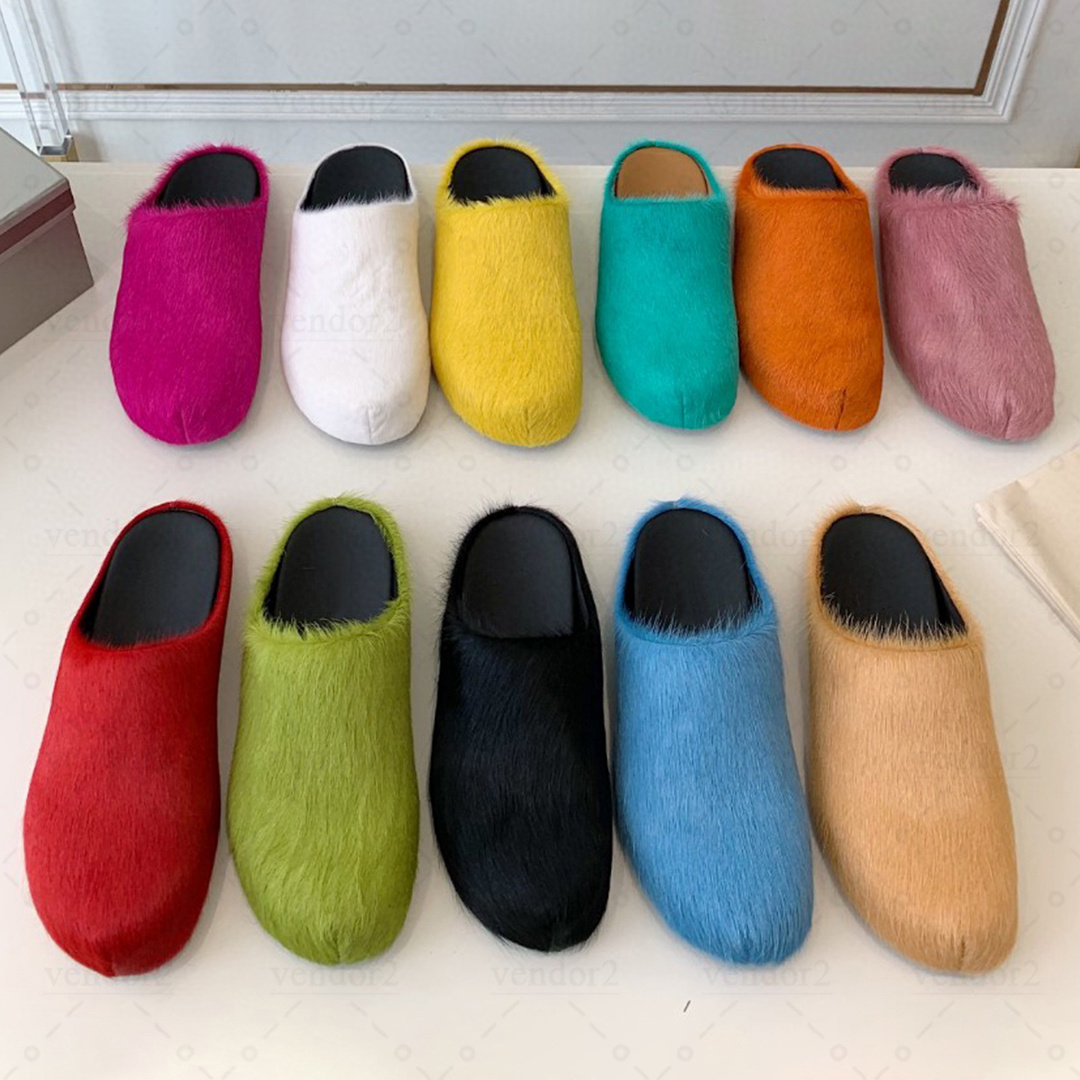 high quality horsehair slippers candy color fluff women slide black white blue yellow marniis marnilies red green designer half slipper woman slides wool big size 35