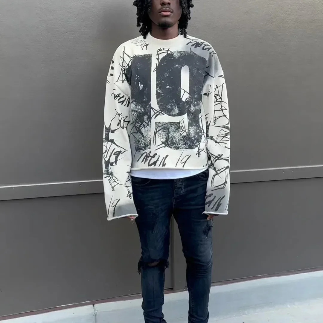 Y2k Retro Tie Dye Number 19 T Shirts Gothic Hip Hop Graphic Graffiti Print Cropped Top for Men Oversized Loose Long Sleeves Tees 241014