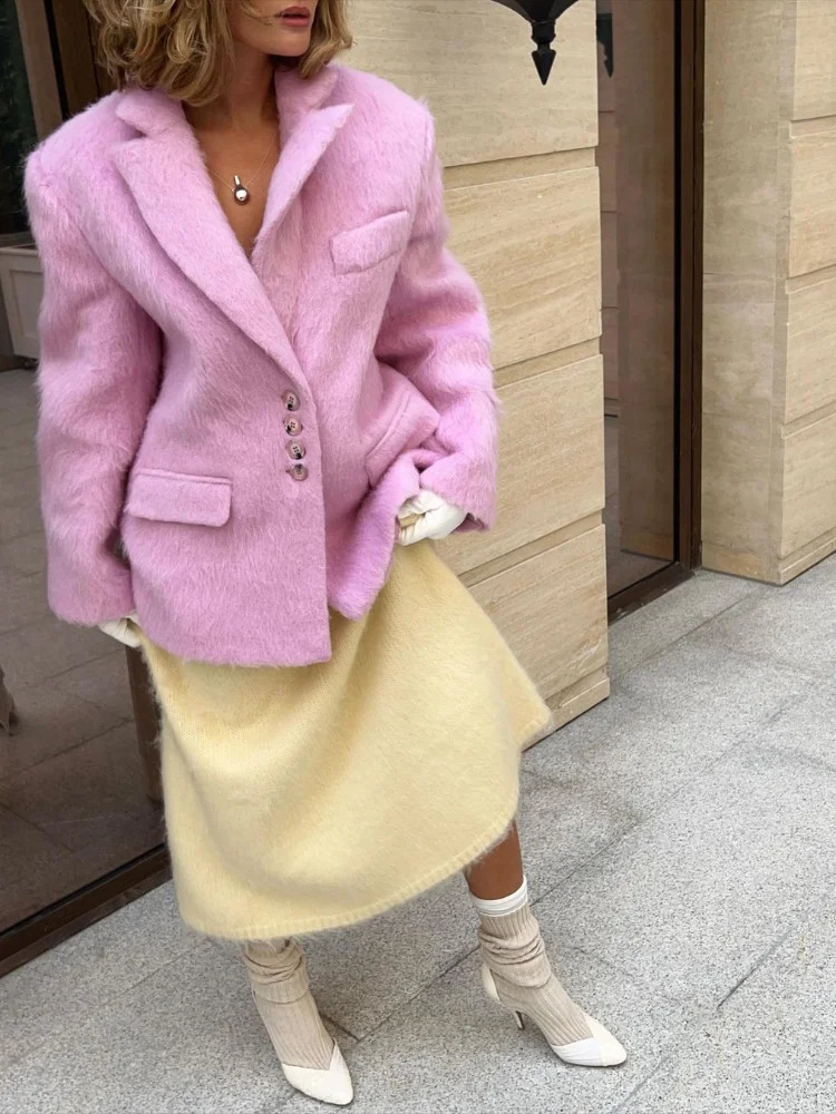 Womens elegant pink lapel pocket wool jacket fashionable single breasted loose long sleeved jacket womens sweetheart jacket 241007
