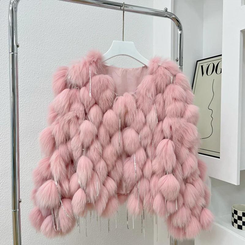 Natural fox fur coat with tassels winter fashion warm fur coat womens coat real fox fur leather jacket thick coat abrigos jacket 241015