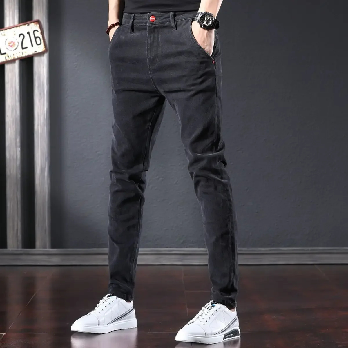 With Pockets Mens Jeans Elastic Stretch Male Cowboy Pants Tapered Trousers Grunge Y2k Korean Style Premium Xs Harajuku 241008