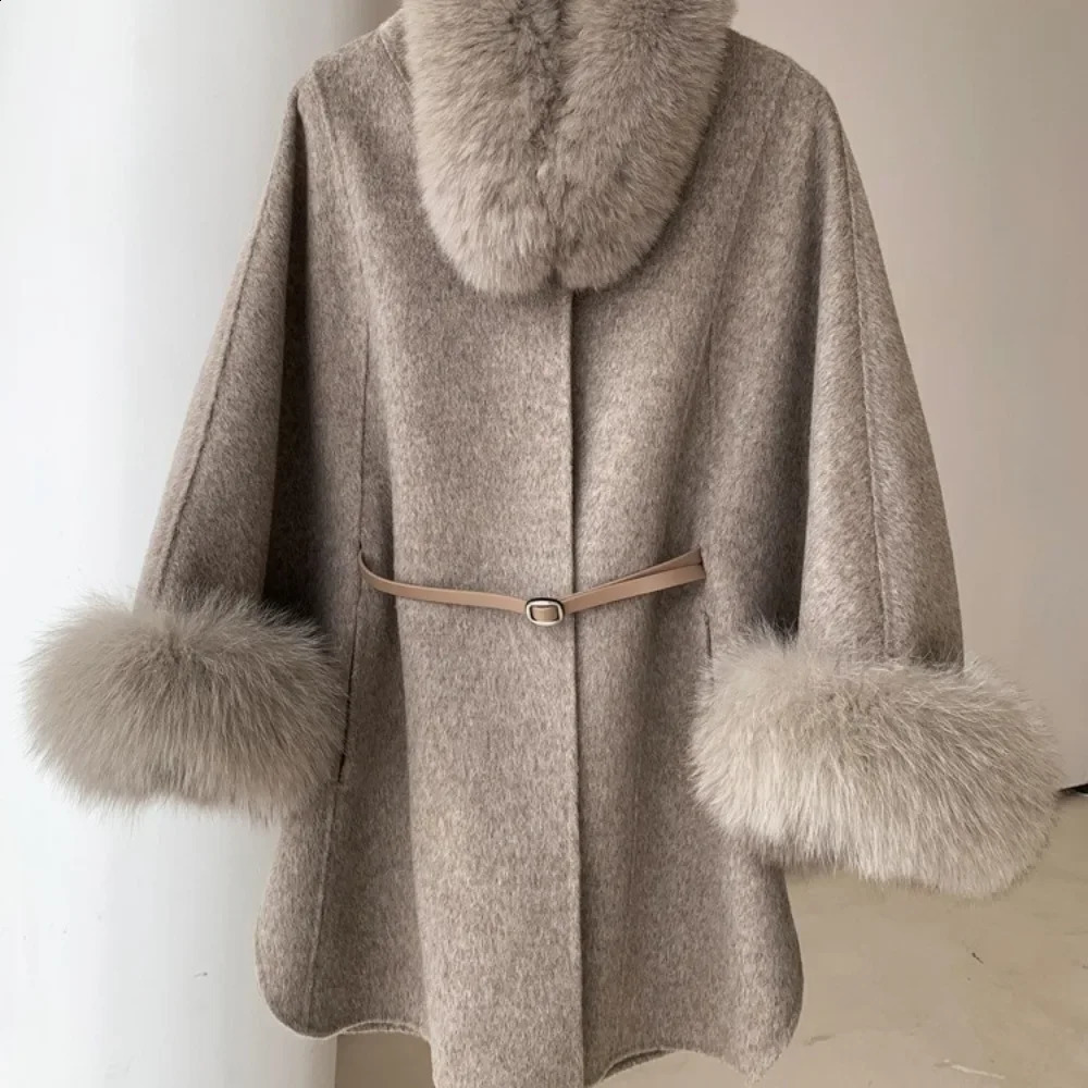 Detachable fur sleeves real fox fur collar coat wool 2024 autumn and winter womens warm A-line jacket thick womens coat 241015