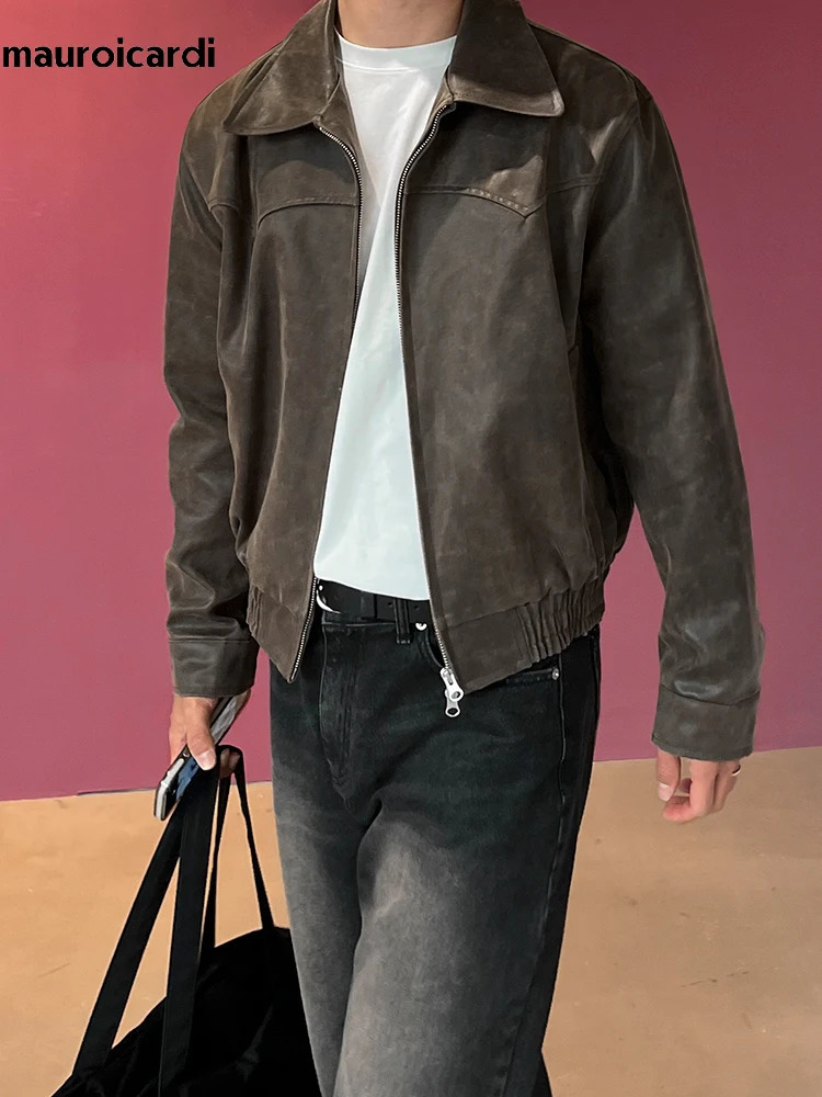 Mauroicardi Spring Autumn Vintage Lightweight Distressed Washed Brown Pu Leather Jacket Men Zipper Casual Korean Fashion Clothes 240930