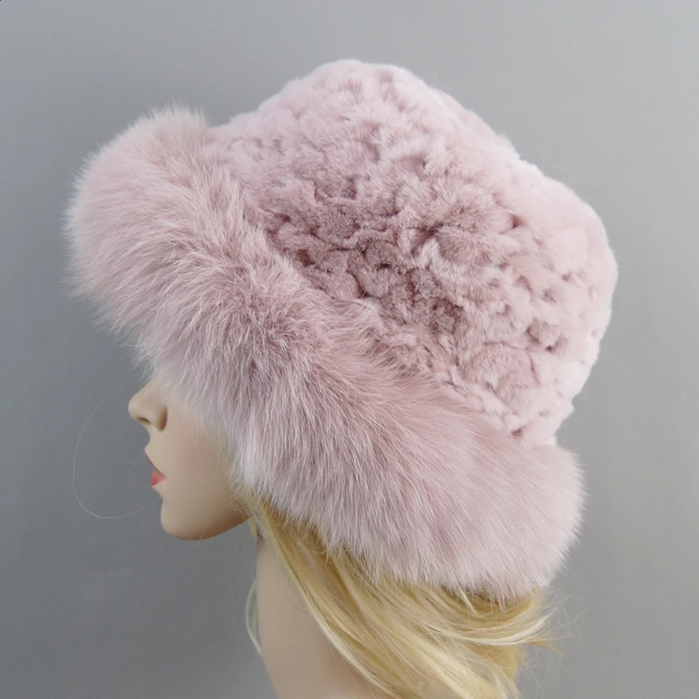 Style Knitted Real Genuine Fox Fur Hats Women Beanies Solid Rex Rabbit Fur Caps Winter Lady Fashion Fur Skullies Hat 241009