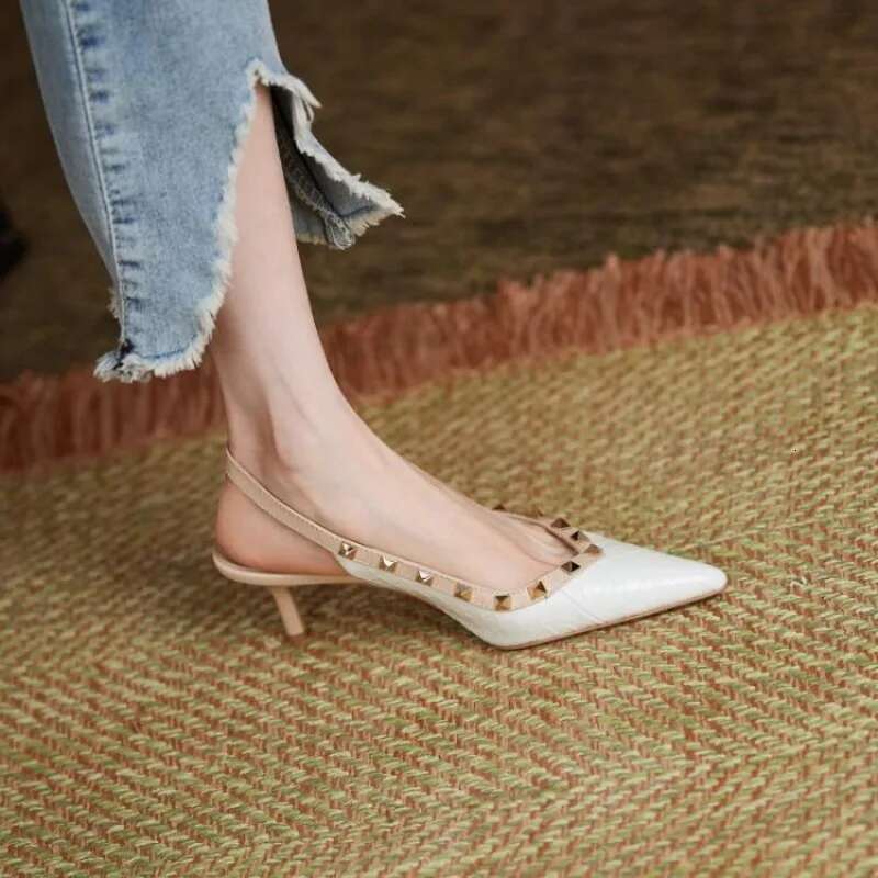 Women Sandals Rivets Pointed Toe Sgbac Patent Leather Mid Heels Pumps Blue Snakeskin Pattern Slip on Sandalias Mujer