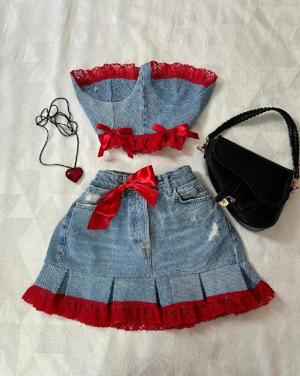 Gothic Skirt Two Piece Sets Womens Y2K Clothing Sexy Sweetheart Harajuku Bow Retro Blue Denim Skirt Slim Strap Top Tops Set 241014