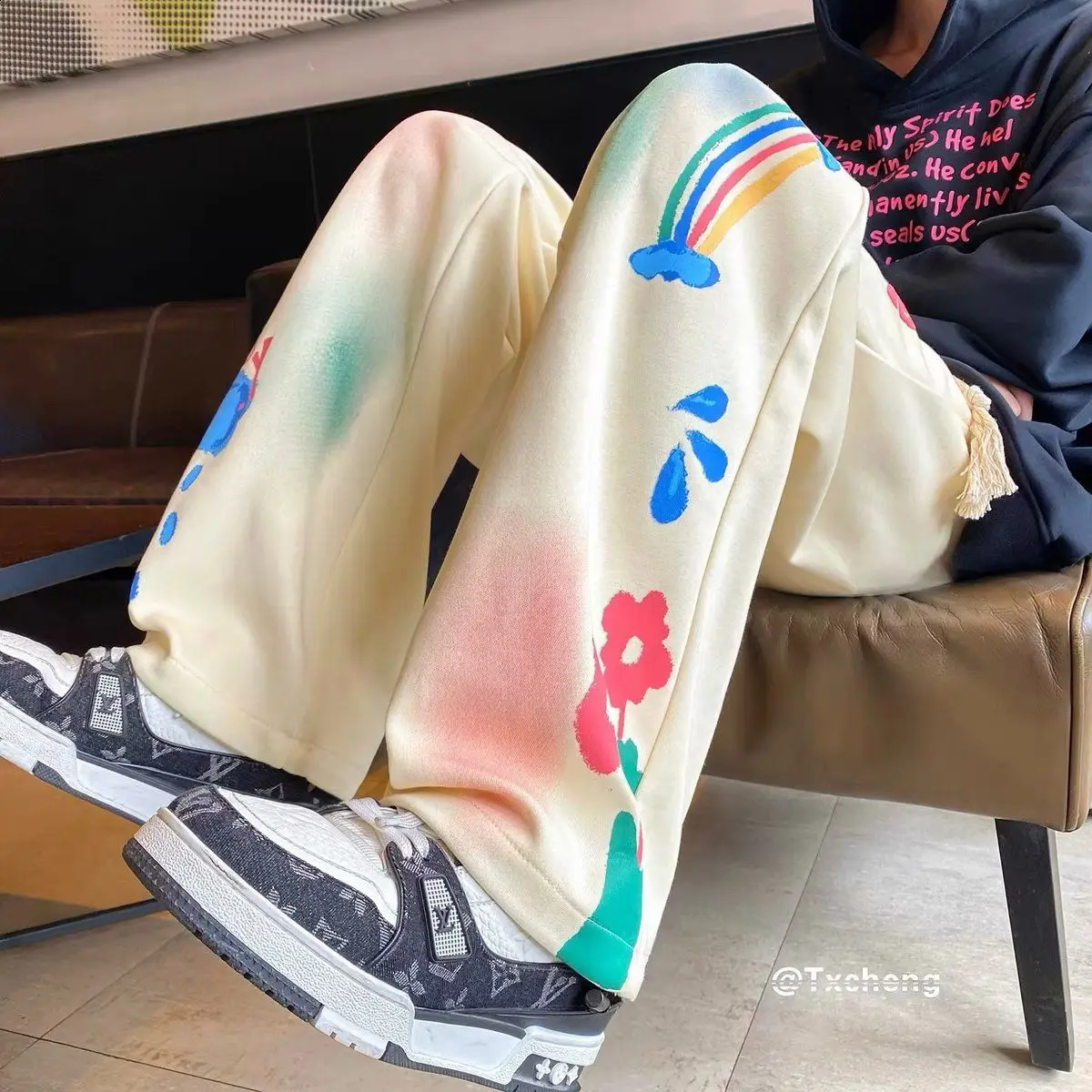 Mens Hip hop Trouser Straight Mens Sports Pants Draped Graphic Harajuku Korean Fashion Elastic Style Sports Pants 241007