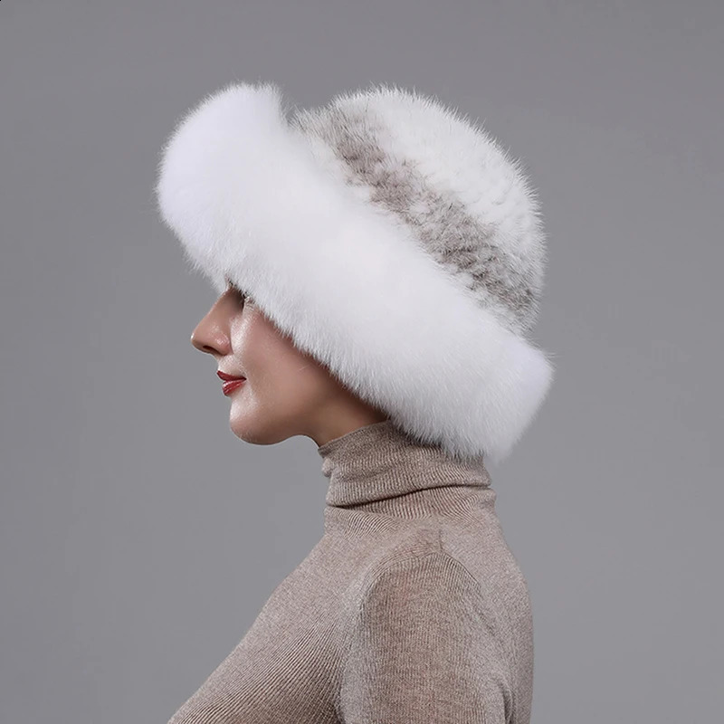 2024 Girls Quality Soft Genuine Mink Fur Hats Women Winter Knitted Real Mink Fur Bomber Hat Natural Warm Fox Fur Cap 241014
