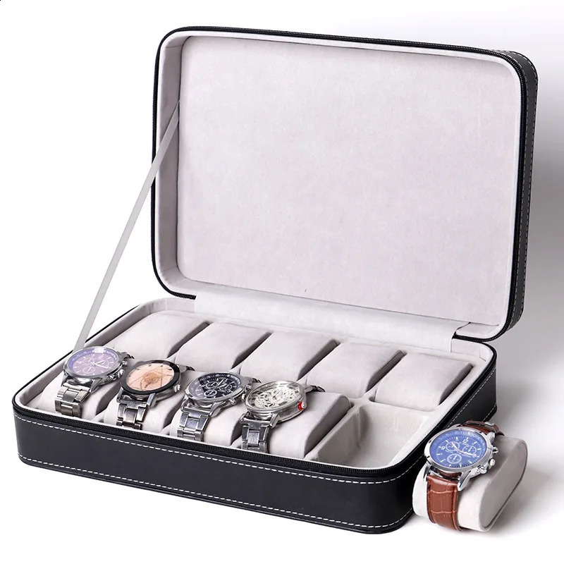 6. 10. 12 slot watch box portable travel zipper PU leather storage box watch display box for business travel and gifts 241011