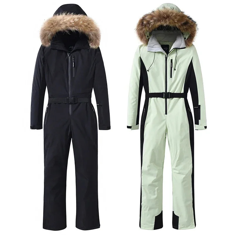 Costume de neige à capuche en fourrure pour femme, combinaison d'hiver Slim pour Ski, plein air, montagne, Snowboard, vêtements isolés, 241007