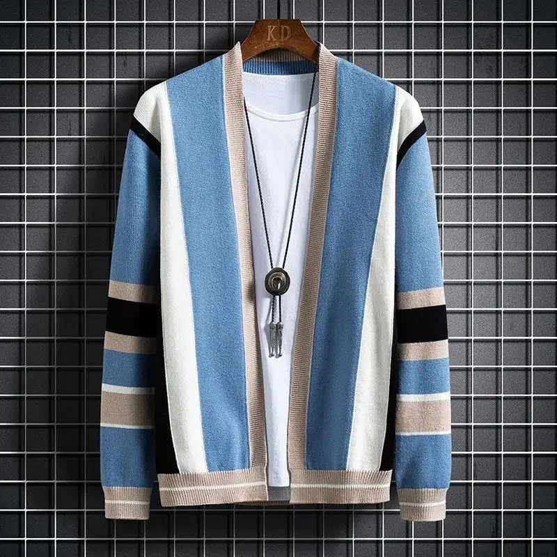 Knitted sweater mens coat cardigan mens clothing jacket striped V-neck blue plus size warm casual winter Y2k retro A X 241007