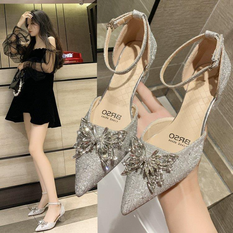 Sandals for Women Party and Weddings Footwear with Medium Heels Ladies Shoes Silver Summer 2024 Pointed Toe Diamond Rhinestones