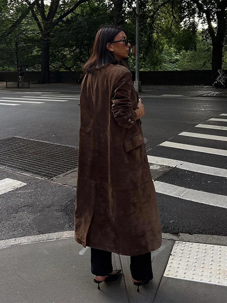 Elegant Suede Leather Long Trench Coats For Women - Chic Lapel Double Breasted Lady Oversized Jackets