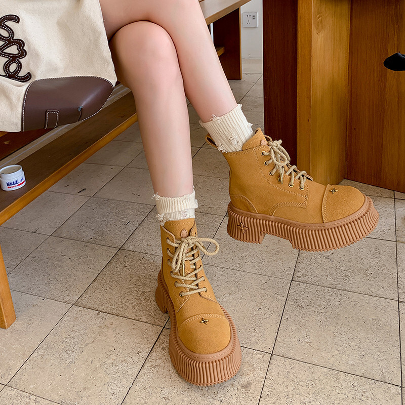 ddmytiger outdoor Short Women New High Quality Suede Round Head Lace up Thick Sole Street Modern Yellow Ankle Boots A ddmythur