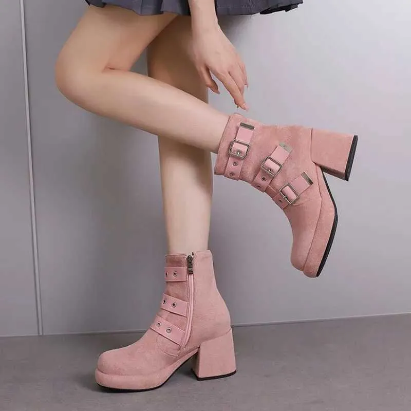 Women Designer Ck Chunky Heels Multi Buckle Round Toe Platform High-Heeled Pink Brown Gothic Motorcycle Boots M240912