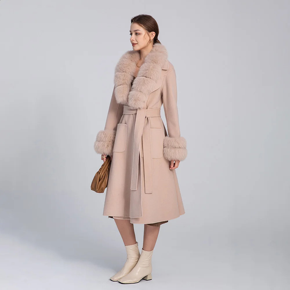 Womens Long Wool Coat Winter Long Hair Leather Jacket Detachable Fluffy Autumn Fox Fur Gough Womens Coat S3565 241015