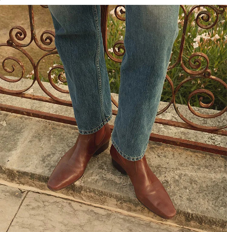 Winter Black Leather Botas Red Elastic Strap Ankle Boots Round Toe Women Shoes Slip-On Chunky Heels Zapatillas De Mujer Autumn 241010