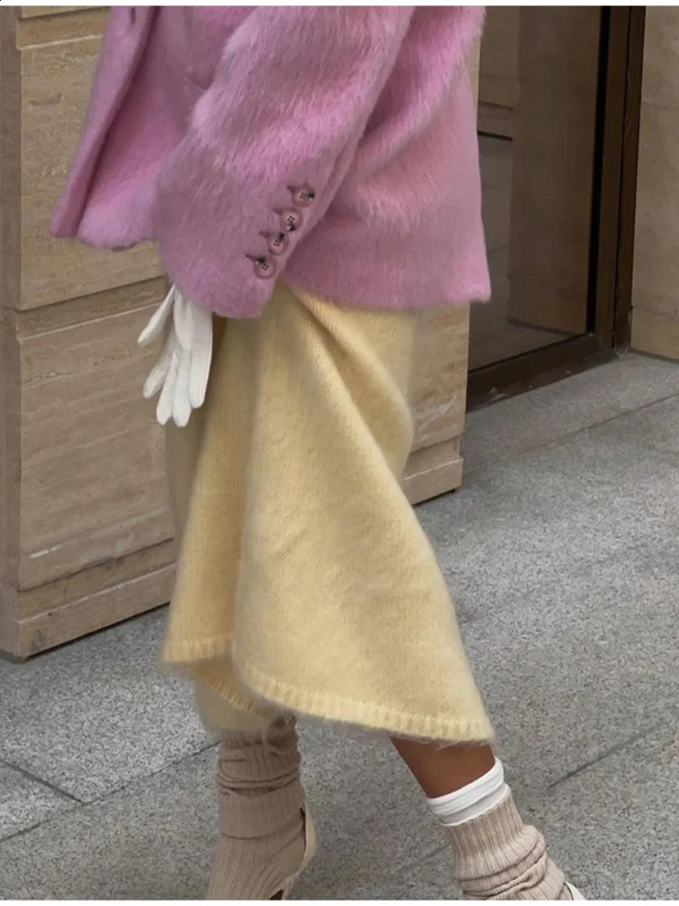 Womens elegant pink lapel pocket wool jacket fashionable single breasted loose long sleeved jacket womens sweetheart jacket 241007