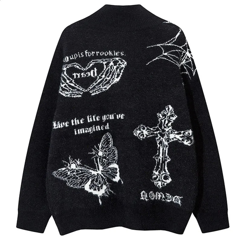 Vintage oversized sweater cardigan wool sweater Y2K knitted butterfly double zipper skydiver streetwear hip-hop punk loose sweater jacket 241007
