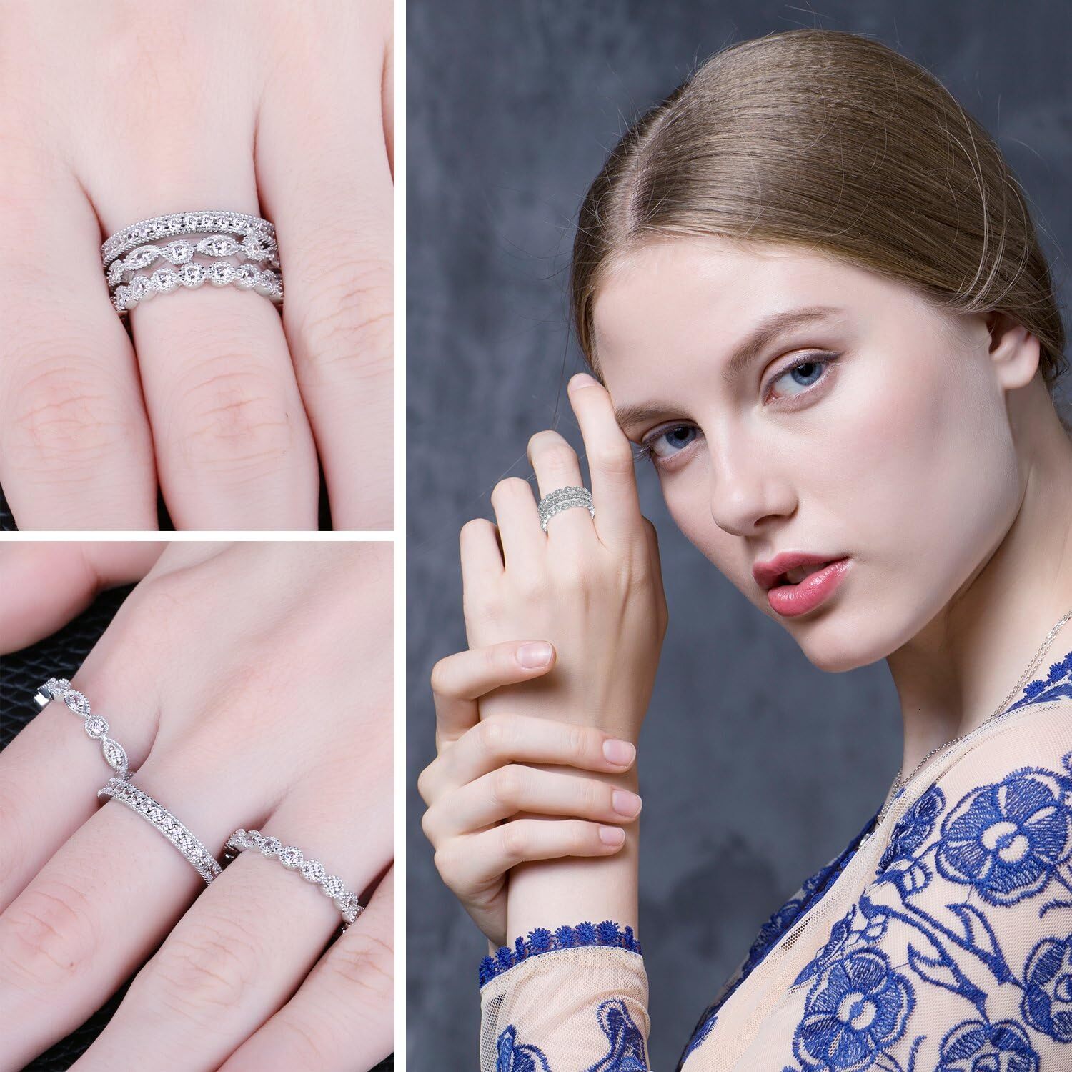 Designer 14K Gold Plated Sterg Sier Women's Cubic Zirconia Promise, Stackable Wedding Band Rings Set, Size 4-12 4