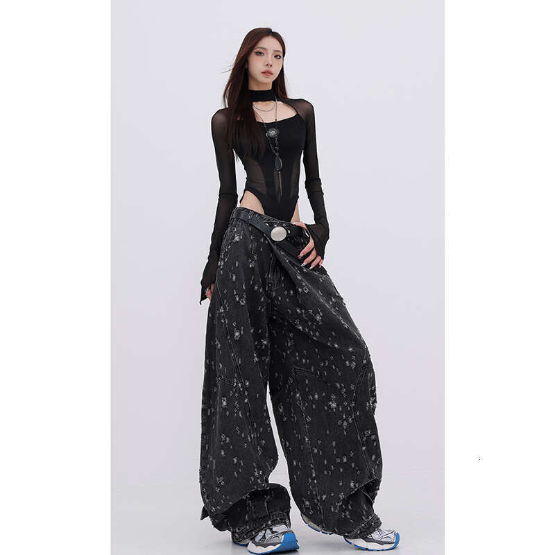 Autumn Vintage Hole Raw Trim Y2k 90S Baggy Black Jeans Women Streetwear High-Waisted Loose Washed Straight Wide-Leg Denim Pants