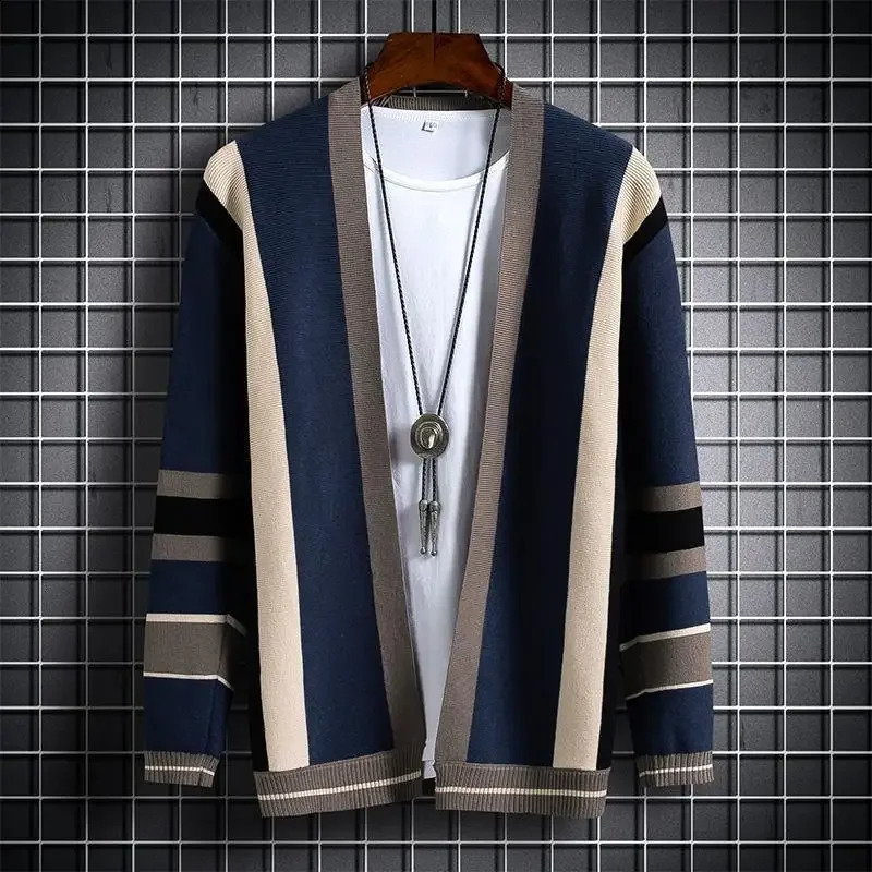 Knitted sweater mens coat cardigan mens clothing jacket striped V-neck blue plus size warm casual winter Y2k retro A X 241007