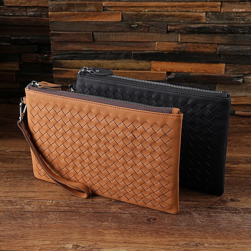 Clutch Bags Handmade Woven Pattern Leather Men's Bag Business And Women's Wrist Large Capacity IPad Wallet
