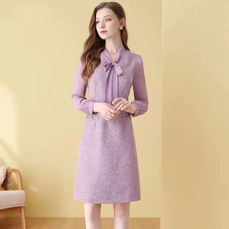 EVNISI Womens Elegant Purple Coarse Felt Dress Scarf Collar Casual Slimming Office A-line Dress Fairy Party Vestido Autumn 241010