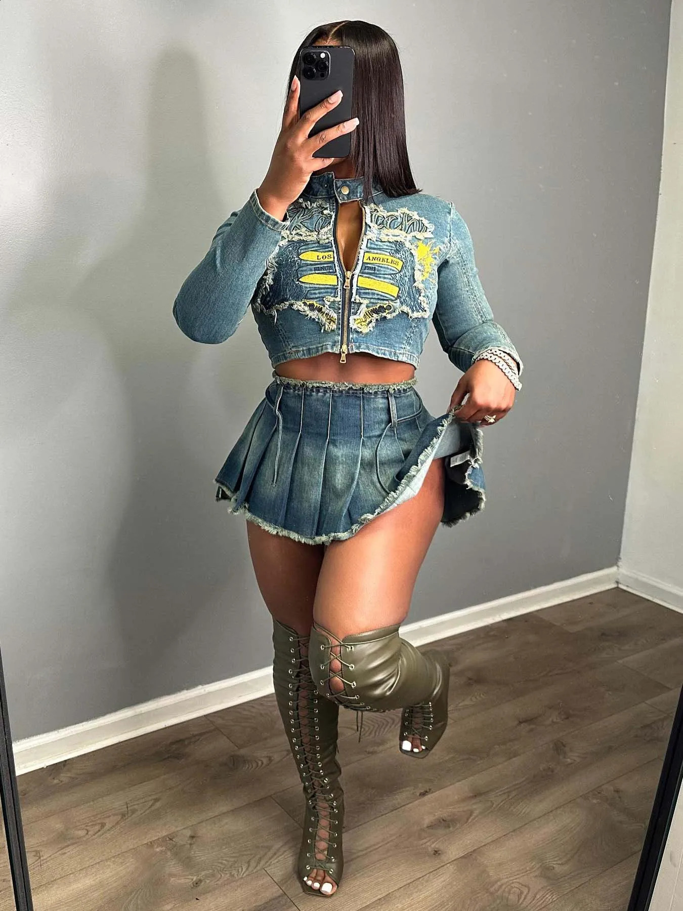 Womens Fashion Embroidered Denim Suit Outfits Casual Long Sleeve Denim Jacket Denim Mini Skirt Two Piece Set Women 241014