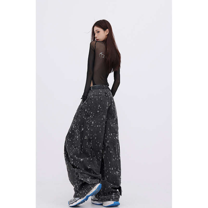 Autumn Vintage Hole Raw Trim Y2k 90S Baggy Black Jeans Women Streetwear High-Waisted Loose Washed Straight Wide-Leg Denim Pants
