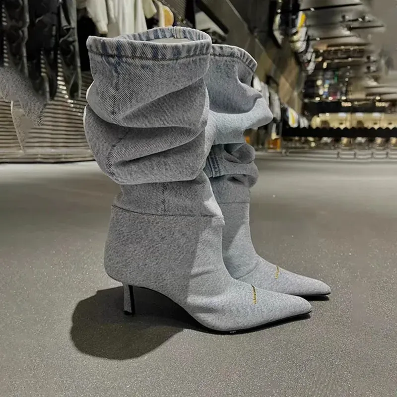 Winter Women Denim Long Fashion Pointed Toe Ladies Elegant Knee Boots Thin High Heel Knigh Boot NOXYZ16 241121