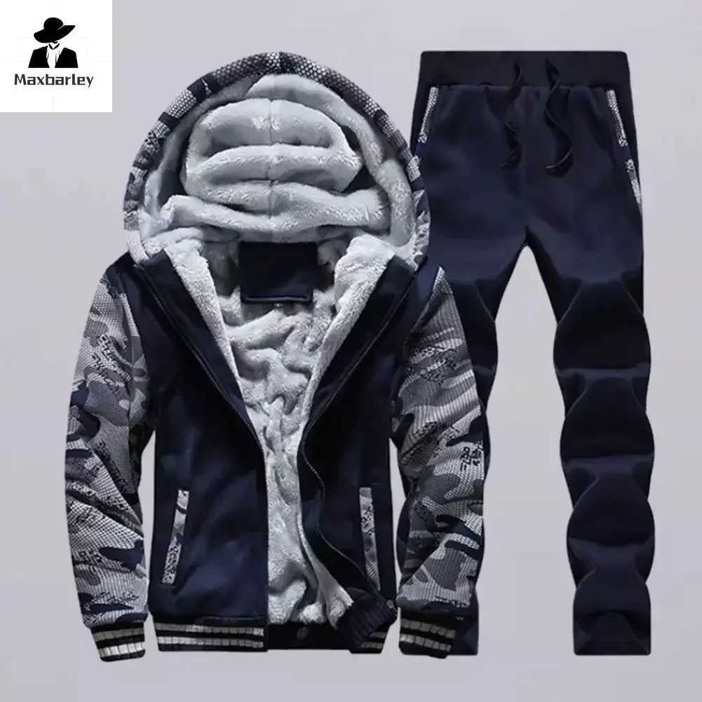New Fleece Men Set Fashion Brand Tracksuit Lined Thick Sweatshirt + Pants Sportswear Suit Male Winter Warm Hooded Outerwear SuitXJ241015