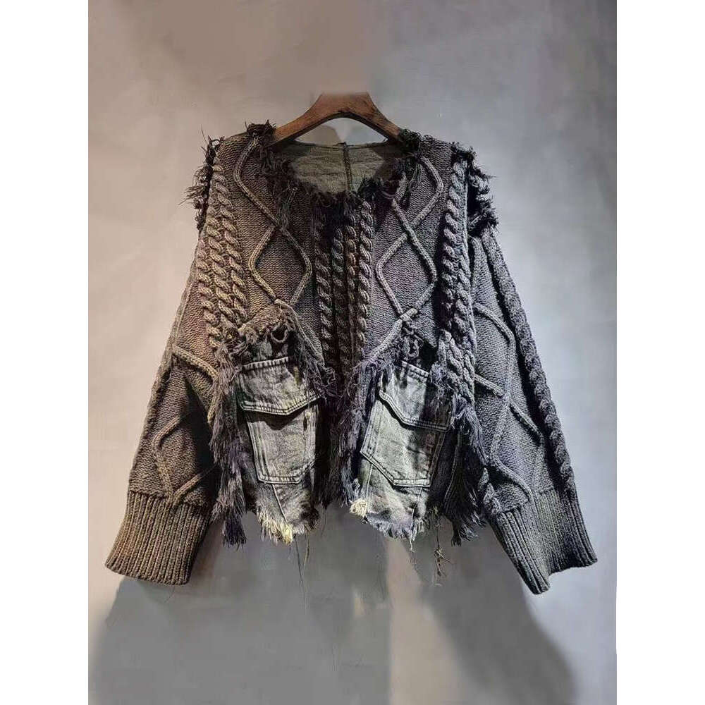 DEAT Women's Pullover Long Sleeve Irregular Do Old Patchwork Pockets Vintage Washed Denim Sweater2024 Autumn New Fashion 29L8195