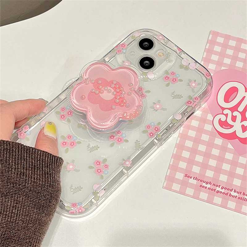 Cute Quicksand pink flower stand phone case suitable for iPhone 16 15 14 13 12 11 Pro Max XR X XS 7 8 Plus flower stand transparent soft cover CL24101