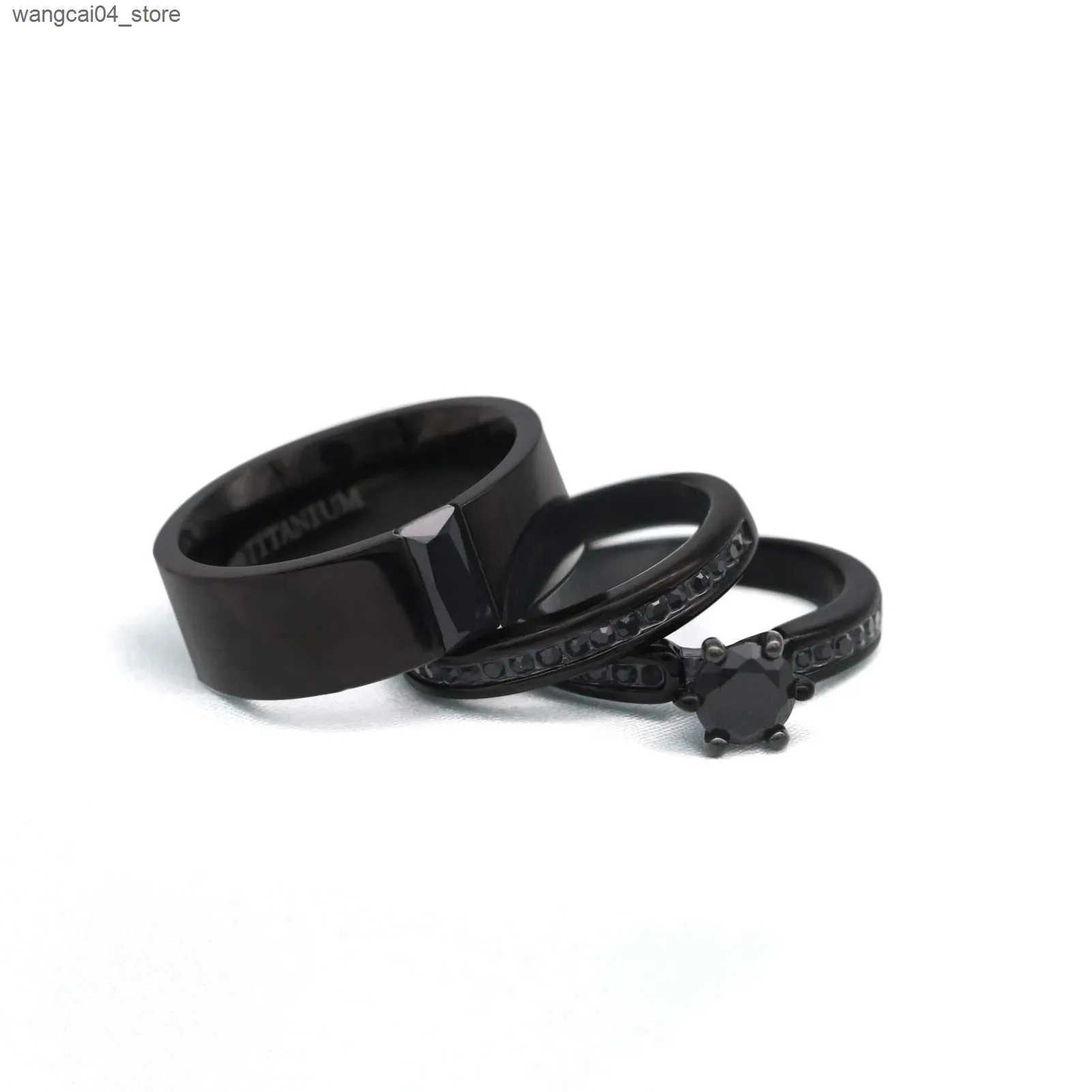 Couple Rings Fashion couple ring womens black Rhinestone zirconia ring set mens stainless steel zirconia ring wedding ring jewelry gift L240910
