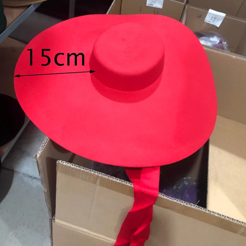 Red Super Wool Hat Extra Large 15cm Big brim Shallow Top Soft Hat for Men and Women Flat Top Hat Big brim Hat 241014