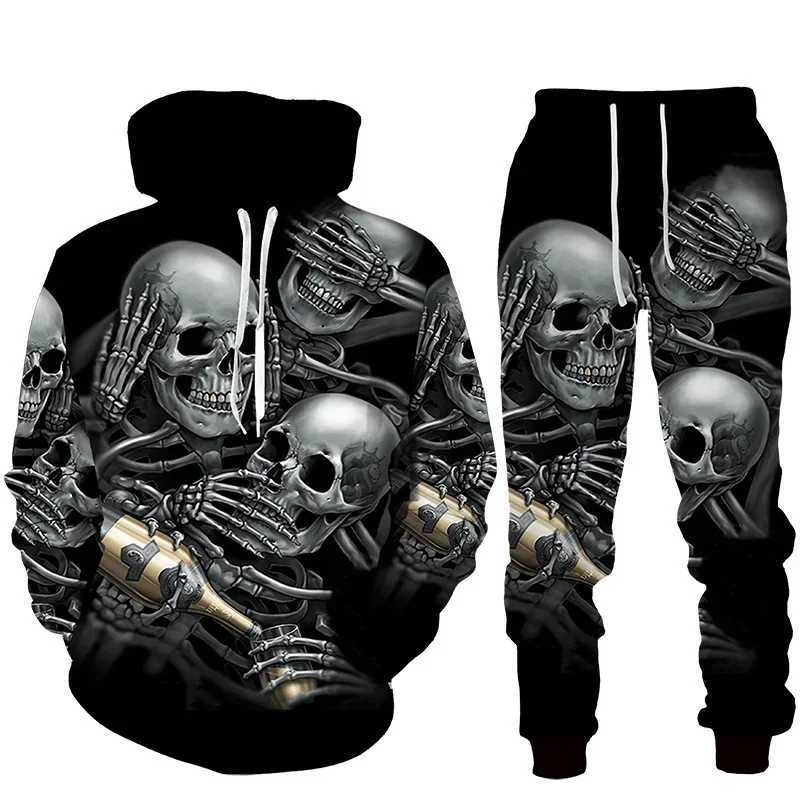 Skull 3D Print Men Punk Hoodie Suit Tracksuit/Pants Goth Skeletons Pullover Casual Streetwear Oversize Autumn Winter Hot-sellingXJ241015