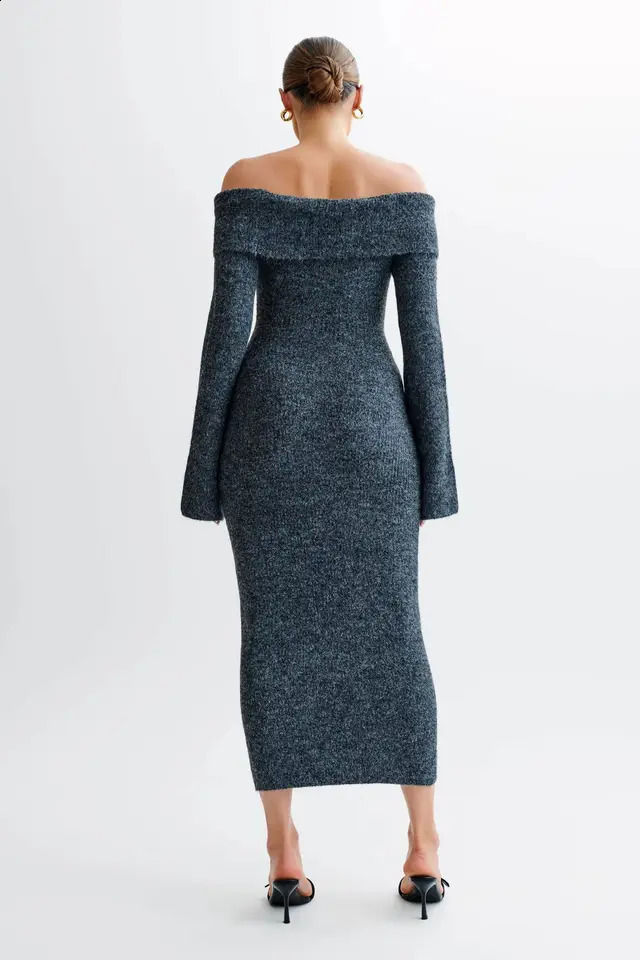 Fall Winter Fluffy Solid Knitted Flared Long Sleeve Midi Dress Elegant Bodycon Off Shoulder Sweater Long Dress For Women 241015
