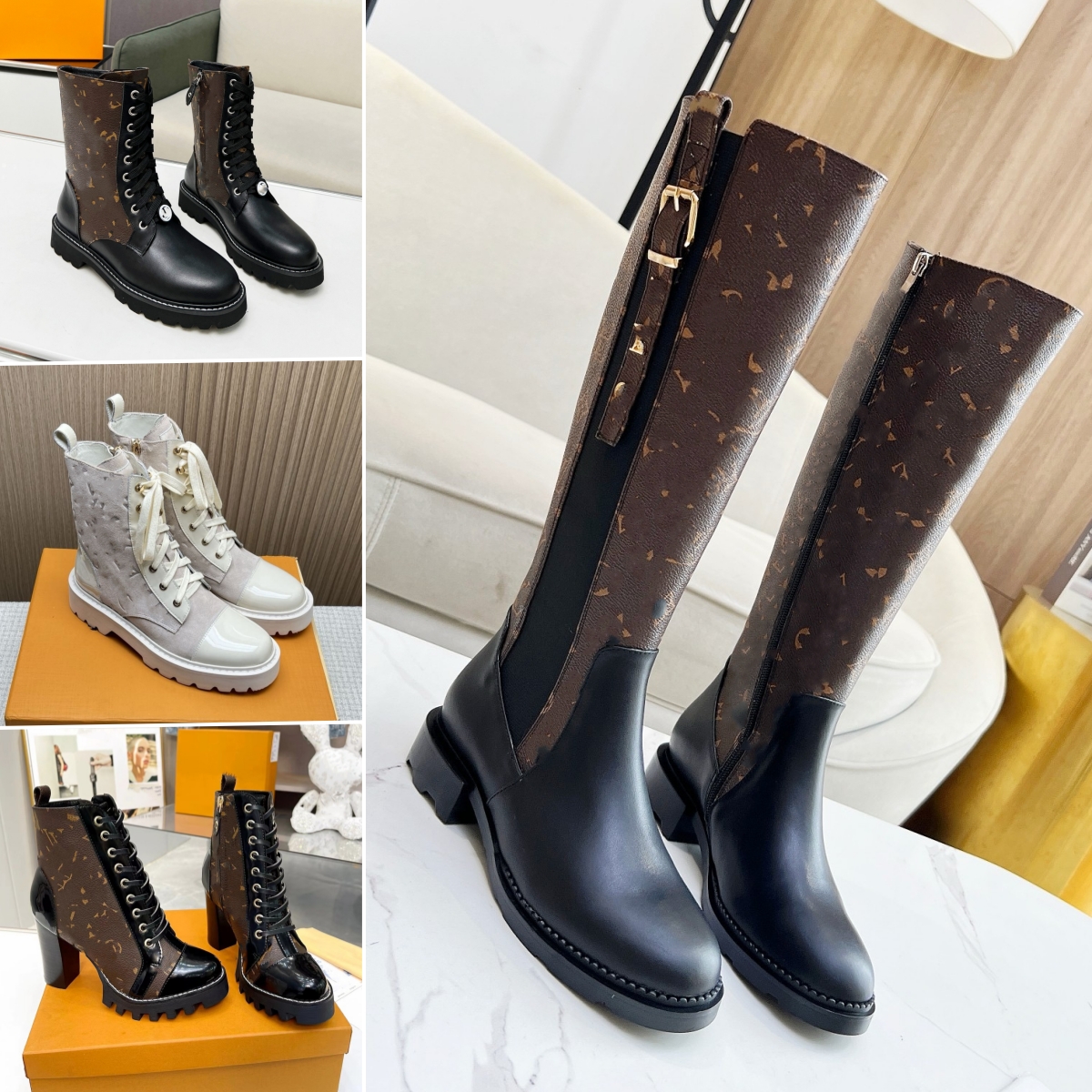 designer shoes boots womens designer boots chunky heel boot luxury High Heels booties fashion Women black calf leather canvas zip ankle Boot Shoes flat Boots