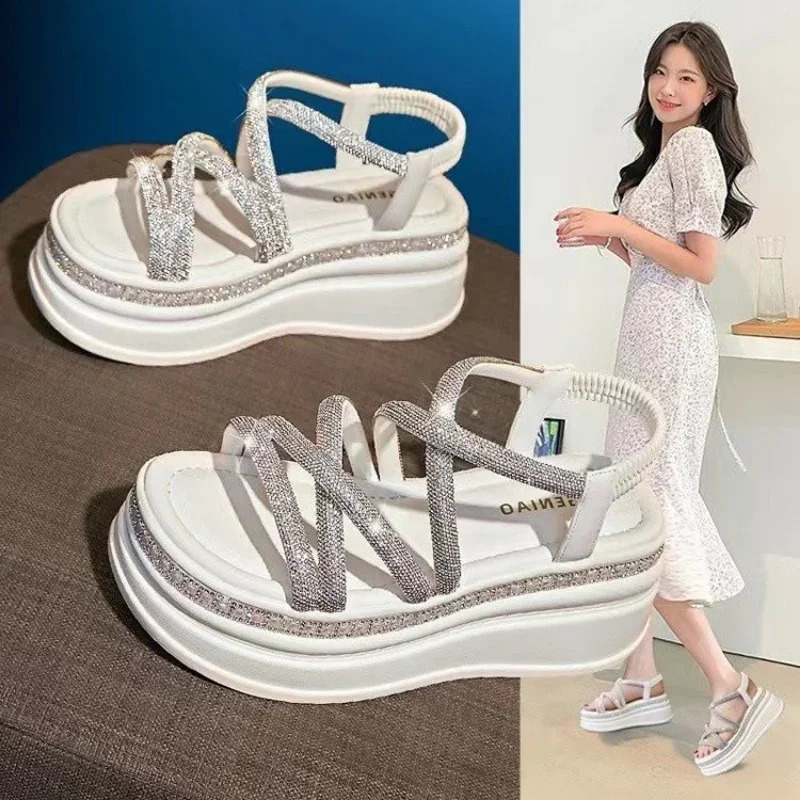 Women Platform Bg Sandals Summer 7.5CM High Heels Lady Crystal Wedges Beach Walking Shoes Slippers Sandalias Mujer 241015