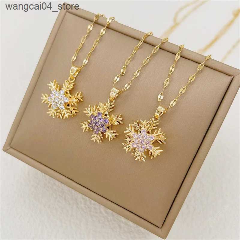 Chokers Unique Titanium Steel Necklace with Rotating Snowflake Pendant Collarbone Chain with Sparkling Zircon Stone for Women L240910