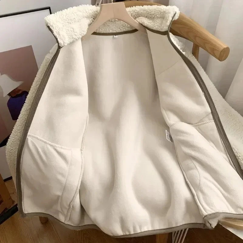 Autumn and winter Japanese mens womens wool standing collar jackets couples zippers loose warm solid color 241014