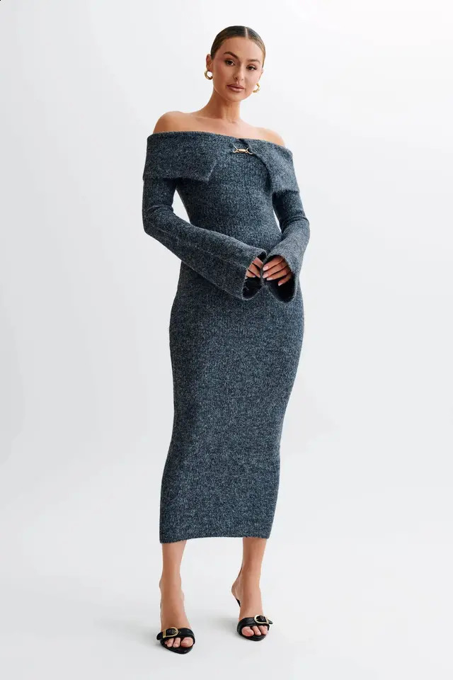 Fall Winter Fluffy Solid Knitted Flared Long Sleeve Midi Dress Elegant Bodycon Off Shoulder Sweater Long Dress For Women 241015