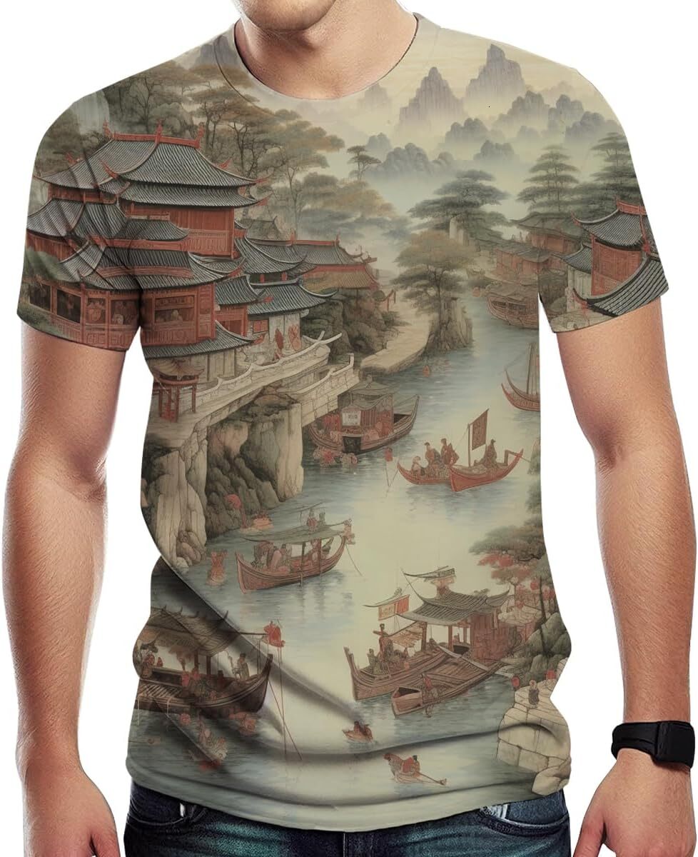 Mens T shirt Dream Ink Landscape Painting Shirt Retro Art Painting Color Summer Casual tops summer clothes Trendy Fashion