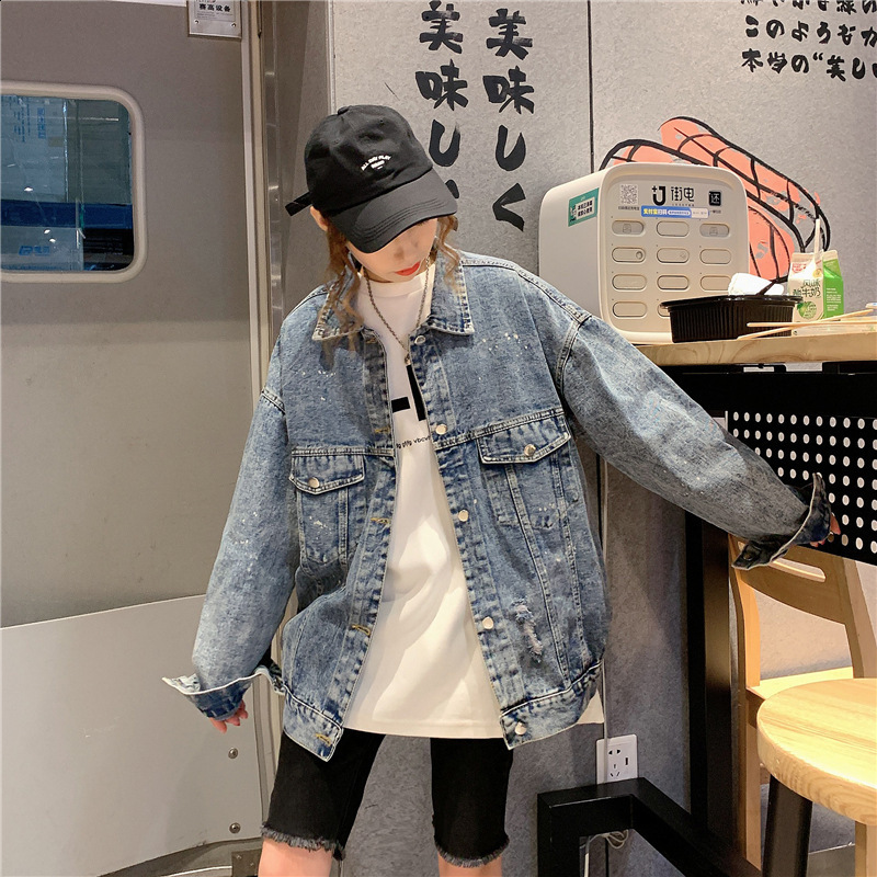RUGOD New Women Loose Denim Jacket Back Character Letter Print Punk Style Oversize Coat Chic Korean vintage Jean Jacket 201106