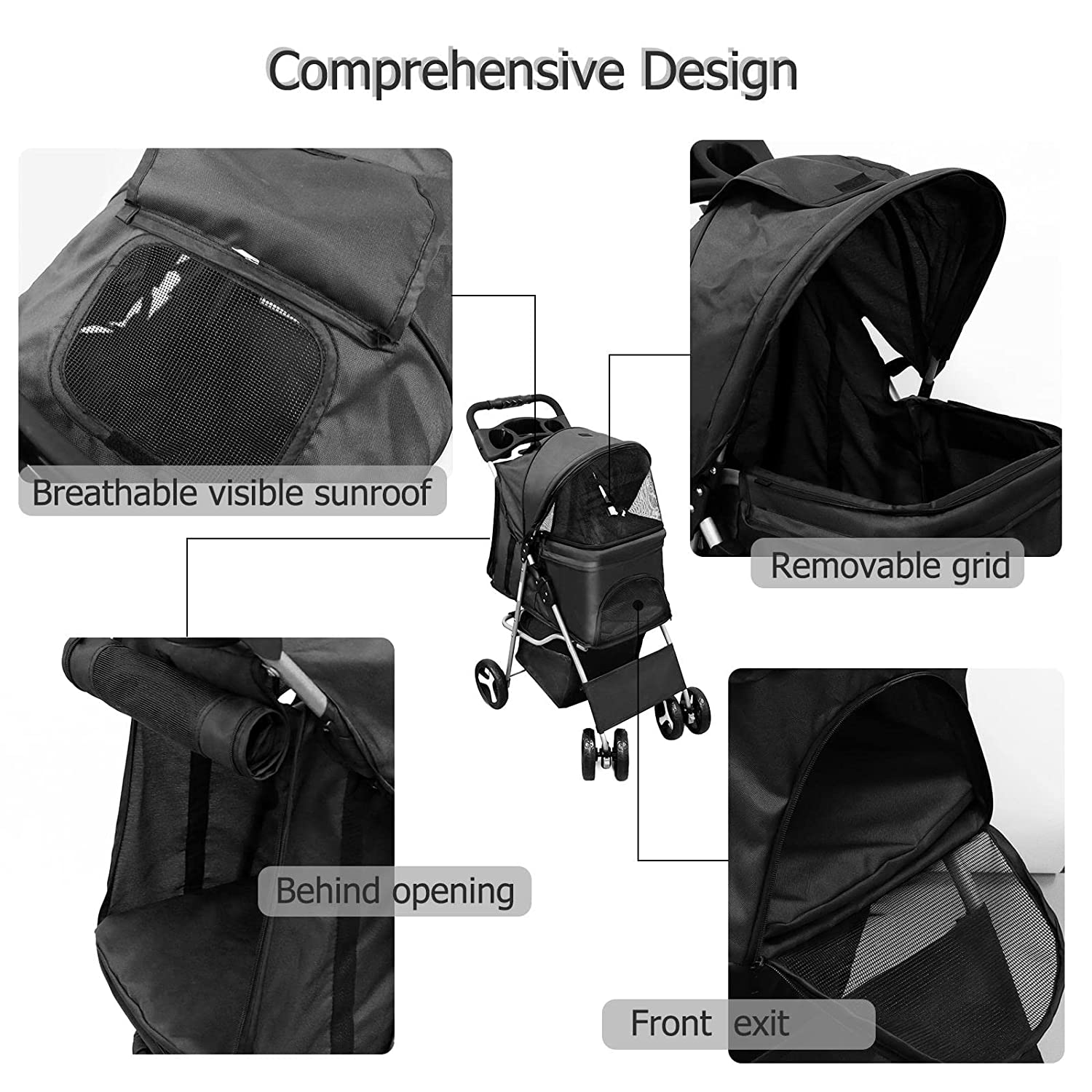 4 Wheel Foldable Cat Dog Stroller with Storage Basket, Handle 360 Front Wheel Rear Wheel with Brake for Small Medium Dogs